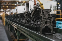 An assembly line for engine blocks is seen at the Linamar factory in Arden, N.C.