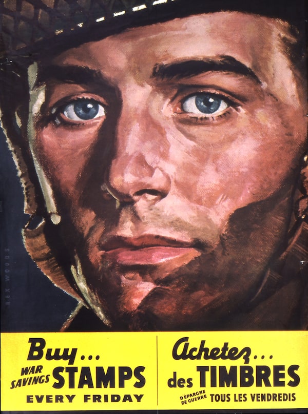 A bilingual war poster draws upon the visual of a Canadian soldier asking citizens to Buy War Savings Stamps.
