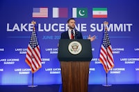 Vice President JD Vance speaks to members of the media after the U.S. and Iran held high-level talks at the Bürgenstock Resort in Obbuergen, near Lucerne, in Switzerland, Monday, June 22, 2026. (Nathan Howard/Pool Photo via AP)