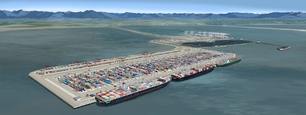 Artist's rendition of the Vancouver Fraser Port Authority's plans for the Roberts Bank Terminal 2 (foreground), which will be located near Delta, B.C. Behind is GCT Global Container Terminals Inc.'s existing Deltaport container terminal and Westshore Terminals Investment Corp.'s coal-export facility.
