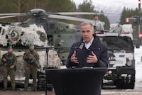 Prime Minister Mark Carney speaks after a tour of the site of NATO Exercise Cold Response in Bardufoss, Norway, on March 13.