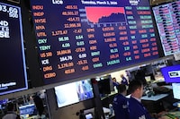 NEW YORK, NEW YORK - MARCH 03: Stock market numbers are displayed on the floor of the New York Stock Exchange during afternoon trading on March 03, 2026 in New York City. Stocks tumbled with the Dow Jones losing over 400 points amid a possible prolonged U.S.-Iran conflict.  (Photo by Michael M. Santiago/Getty Images)