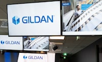 Signage is seen at Gildan Activewear Inc.'s annual meeting in Montreal, Tuesday, May 28, 2024.  THE CANADIAN PRESS/Christinne Muschi