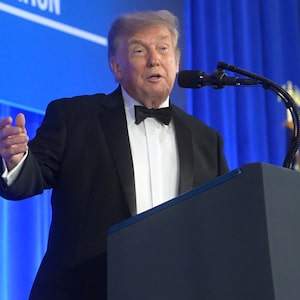 President Donald Trump speaks at the White House Correspondents' Association dinner at the Waldorf Astoria Washington DC, Friday, July 24, 2026, in Washington. (AP Photo/Rod Lamkey, Jr.)