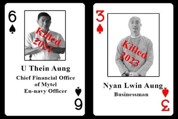 A composite image showing two playing cards from a deck of 54 circulated by resistance groups in Myanmar calling for the assassination of junta leaders and supporters.