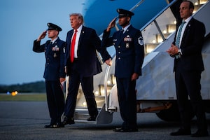 MORRISTOWN, NEW JERSEY - JUNE 5: U.S. President Donald Trump steps off of Air Force One after landing at Morristown Airport on June 5, 2026 in Morristown, New Jersey. President Trump is spending the weekend at Trump National Golf Club Bedminster after holding an event at Custer Farms in Chippewa Falls, Wisconsin. (Photo by Samuel Corum/Getty Images)