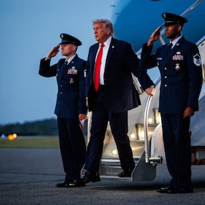 MORRISTOWN, NEW JERSEY - JUNE 5: U.S. President Donald Trump steps off of Air Force One after landing at Morristown Airport on June 5, 2026 in Morristown, New Jersey. President Trump is spending the weekend at Trump National Golf Club Bedminster after holding an event at Custer Farms in Chippewa Falls, Wisconsin. (Photo by Samuel Corum/Getty Images)