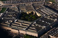 The Pentagon is seen from an airplane, Tuesday, April 7, 2026, in Washington. (AP Photo/Julia Demaree Nikhinson)