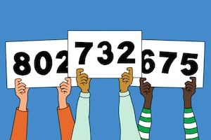 Illustration of people holding up cards with numbers