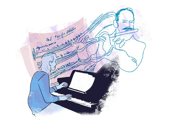 A woman plays piano while the spirit of her great-grandfather plays flute above her.