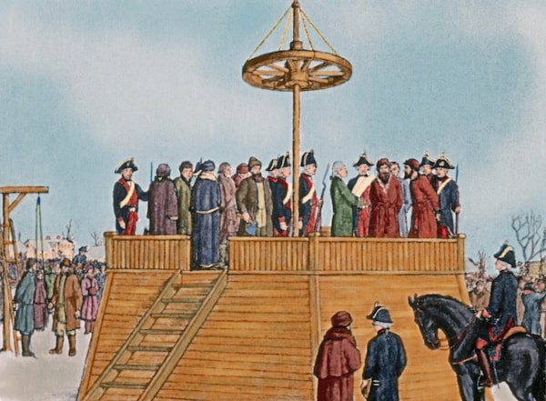 ONE-TIME ONLY USE WITH STORY SLUGGED NW-MIT-PUGACHEV-0109 -- Yemelyan Pugachev's execution in Bolotnaya Square, Moscow, in January 1775. Pugachev was a Pretender to the Russian throne and leader of an uprising. 18th century coloured engraving by Bolotoy. Credit: Tarker / Bridgeman Images