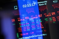 Stock tickers and market numbers are displayed on a monitor on the floor of the New York Stock Exchange (NYSE) in New York on March 18, 2026. The US Federal Reserve kept interest rates unchanged Wednesday as expected, in defiance of President Donald Trump as the world's largest economy battles stubborn inflation, weak labor demand and an "uncertain" economic outlook due to the war in Iran. The Fed's 11-1 vote kept rates steady at a range between 3.50 percent and 3.75 percent, with officials flagging one expected rate cut by the end of the year. (Photo by ANGELA WEISS / AFP via Getty Images)