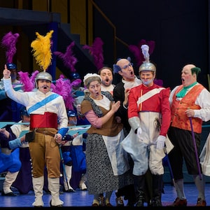 0989 – A scene from the Canadian Opera Company’s production of The Barber of Seville, 2026. Conductor Daniela Candillari, director Joan Font, choreographer/associate director Xevi Dorca, set & costume designer Joan Guillén, original lighting designer Albert Faura, revival lighting designer Mikael Kangas, and resident fight & intimacy coordinator Siobhan Richardson. Photo: Michael Cooper