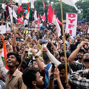Student wing activists of different political parties join in a rally demanding educational reforms as part of the Cockroach Janta Party's ongoing protest movement, in Kolkata, India, Friday, July 24, 2026. (AP Photo/Bikas Das)