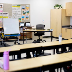A teacher's desk in a classroom is seen at Wazoson Public School of the Ottawa-Carleton District School Board (OCDSB) in Ottawa, on Friday, Dec. 5, 2025. THE CANADIAN PRESS/Justin Tang