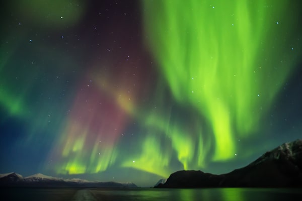 The aurora borealis, as seen from the top deck of a Hurtgiruten Cruise ship in Northern Norway.