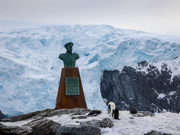 A bronze bust of Chilean navy pilot Luis Pardo stands at Point Wild on Elephant Island in memory of his 1916 rescue of Ernest Shackleton's men.