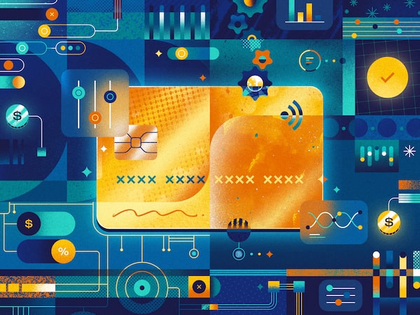 Credit card surrounded by charts and toggles