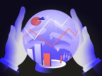 Man holding magic ball researching finance trends. Money, investing, fintech concept. Vector illustration.