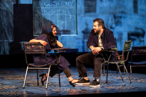 English at Soulpepper theatre 2023. A FLIRTATIOUS MOMENT BETWEEN MARJAN, Ghazal Partou is an Iranian-Canadian actress and multidisciplinary artist  AND OMID Sepehr Reybod is an Iranian-Canadian actor