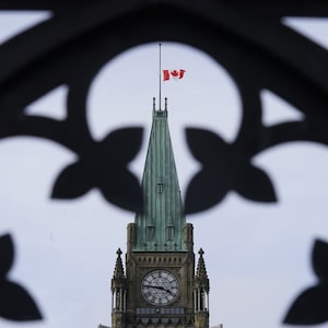 The Canadian flag flies at half mast over the Peace tower and parliament buildings Friday, Oct. 22, 2021.THE CANADIAN PRESS/Adrian Wyld