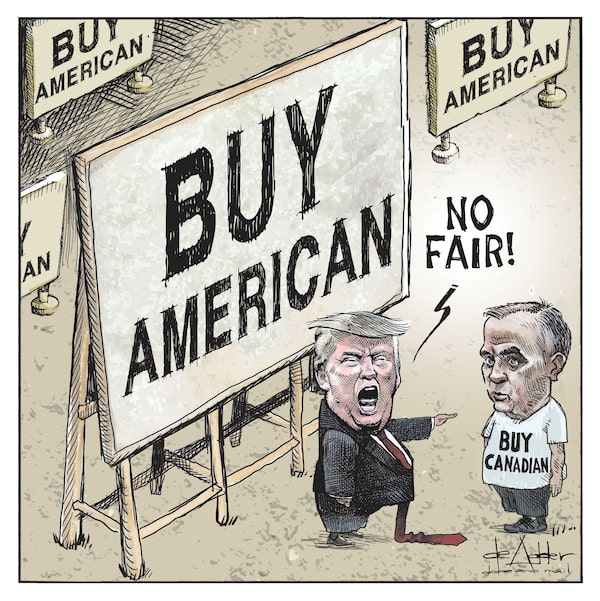 An editorial cartoon showing Donald Trump and Mark Carney.