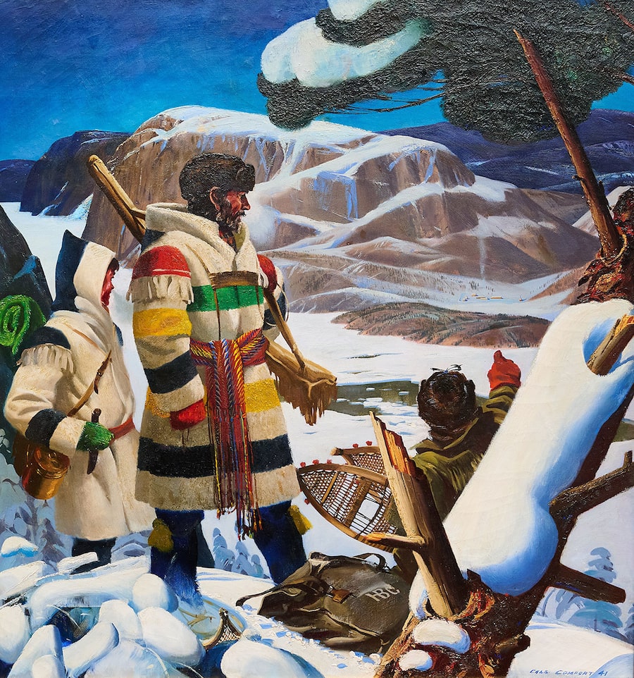 This work by Charles Fraser Comfort is dated 1941, a century removed from the events he dramatized for a Hudson’s Bay Co. calendar. Traders R.M. Ballantyne, left, and George Barnston, middle, are arriving at Tadoussac in Quebec, after years of travel in lands the company ran in the British Empire’s name.