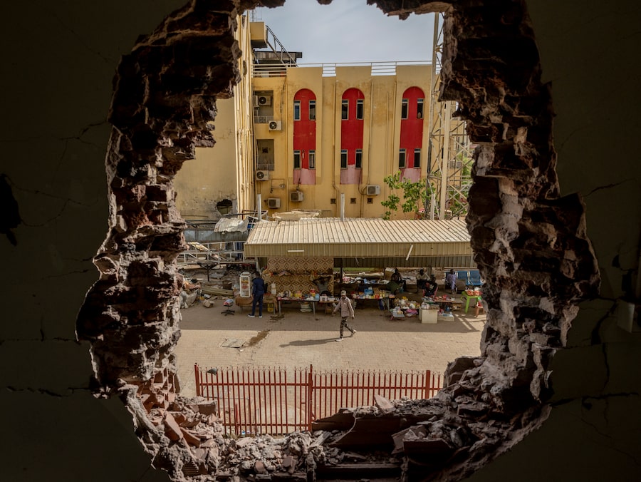 A hole blasted by the Rapid Support Forces in the Aliaa Specialist Hospital in Omdurman, Sudan, in April, 2024.