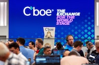 FILE PHOTO: A logo for CBOE (Chicago Board Options Exchange) Global Markets is displayed at their headquarters in Chicago, Illinois, U.S., April 11, 2024. REUTERS/Jim Vondruska/File Photo