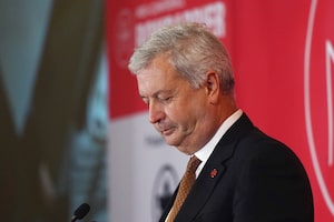 Rousseau giving a speech — famously, in English — at the Montreal Chamber of Commerce in 2021.