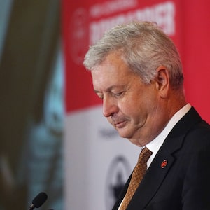 Rousseau giving a speech — famously, in English — at the Montreal Chamber of Commerce in 2021.