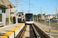 A test train departs Sloane Station during ongoing system testing for the Eglinton Crosstown LRT in Toronto, Oct. 9, 2025. The trains are part of the system’s ongoing testing phase ahead of the line’s eventual opening. Gabriel Hutchinson/The Globe and Mail
