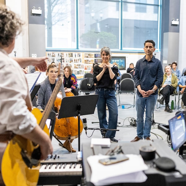 Talia Schlanger, who plays Kate, and Ali Momen, who plays Waleed, rehearse "It's a Good Life If You Don't Weaken," a new musical set to the music of The Tragically Hip, at Theatre Aquarius in Hamilton, Ontario.