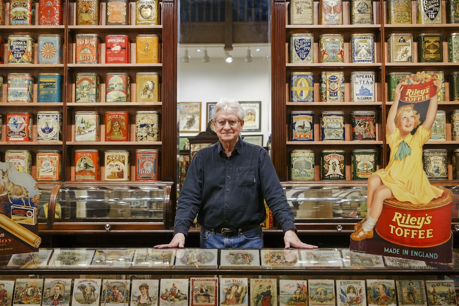 Glen Paruk, a 75-year-old lawyer, shows off his expansive tin can collection in his West Vancouver home earlier this summer.