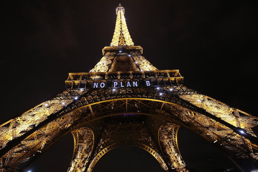 The Eiffel Tower in Paris displays the message 'No plan B' during the United Nations Climate Conference on Climate Change in 2015.