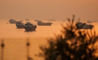 Vessels at the Strait of Hormuz, as seen from Musandam, Oman, on Tuesday. 