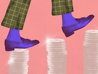 Contemporary art collage. New financial opportunities. Legs going up to new goals on stacks of coins. Grainy fabric effect. Concept of business, financial literacy, banking, salary, money income. Ad