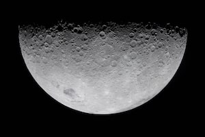 In this image provided by NASA, the Artemis II crew photographed the Moon's crater on Monday, April 6, 2026. (NASA via AP)