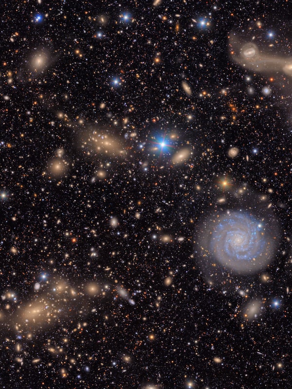 This image shows a small section of the Rubin Observatory's total view of the Virgo cluster, a massive swarm of galaxies located approximately 65 million light years from the Milky Way.  What makes the observatory's images exceptional is the breadth of field combined with the ability to reveal distant objects in stunning detail.