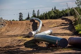 Sections of the Enbridge Line 3 pipeline are seen on the construction site on the White Earth Nation Reservation near Wauburn, Minnesota, on June 5, 2021.