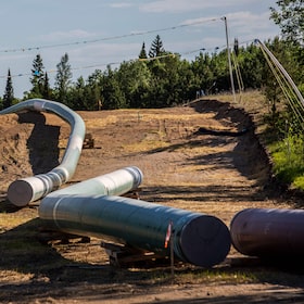 Sections of the Enbridge Line 3 pipeline are seen on the construction site on the White Earth Nation Reservation near Wauburn, Minnesota, on June 5, 2021.