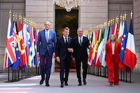 European leaders met this weekend to discuss securing the Strait of Hormuz in Paris. From left, German chancellor Friedrich Merz, French President Emmanuel Macron, British Prime Minister Keir Starmer and Italian Prime Minister Giorgia Meloni.