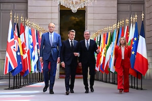 European leaders met this weekend to discuss securing the Strait of Hormuz in Paris. From left, German chancellor Friedrich Merz, French President Emmanuel Macron, British Prime Minister Keir Starmer and Italian Prime Minister Giorgia Meloni.