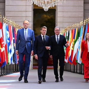 European leaders met this weekend to discuss securing the Strait of Hormuz in Paris. From left, German chancellor Friedrich Merz, French President Emmanuel Macron, British Prime Minister Keir Starmer and Italian Prime Minister Giorgia Meloni.
