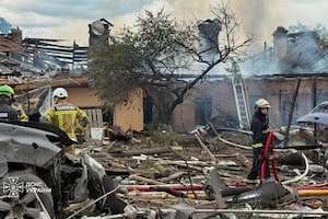 This photo provided by the Ukrainian Emergency Service, shows the site of Russian missile strikes in Kyiv region, Ukraine, Friday, July 24, 2026. (Ukrainian Emergency Service via AP)