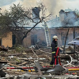 This photo provided by the Ukrainian Emergency Service, shows the site of Russian missile strikes in Kyiv region, Ukraine, Friday, July 24, 2026. (Ukrainian Emergency Service via AP)