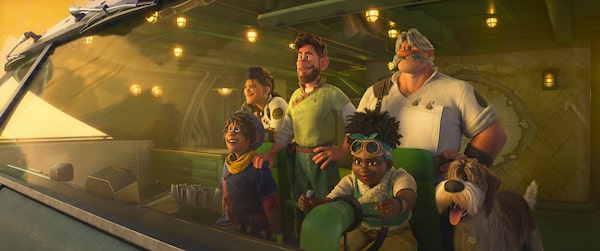 ALL ABOARD -- Walt Disney Animation Studios’ original action-adventure “Strange World” journeys deep into an uncharted and treacherous land where fantastical creatures await the legendary Clades, a family of explorers whose differences threaten to topple their latest—and by far— most crucial mission. The film features the voices of (clockwise from top left) Lucy Liu as Callisto Mal, the leader of Avalonia; Jake Gyllenhaal as farmer and father Searcher Clade; Dennis Quaid as diehard explorer and Searcher’s father, Jaegar Clade; Gabrielle Union as pilot and mother Meridian Clade; and Jaboukie Young-White as the youngest Clade, Meridian and Searcher’s son, Ethan. “Strange World” releases November 23, 2022. © 2022 Disney. All Rights Reserved.