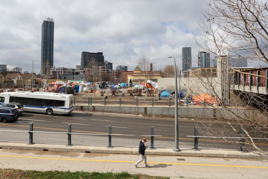 A homeless encampment at 100 Victoria Street North in Kitchener, Ont., in April, 2026.