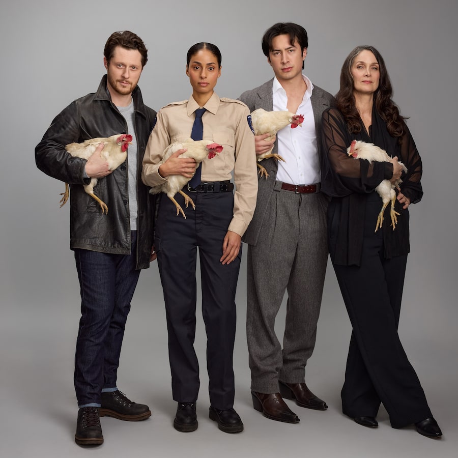 The stars of YAGA, left to right: Noah Reid, Clark Backo, Hudson Williams and Carrie-Anne Moss.