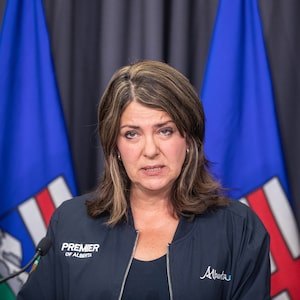 Alberta Premier Danielle Smith speaks at a press conference in Edmonton, Thursday, July 25, 2024. Smith says she plans to add the right to decide whether to receive a vaccination or other medical procedure to the Alberta Bill of Rights. THE CANADIAN PRESS/Jason Franson